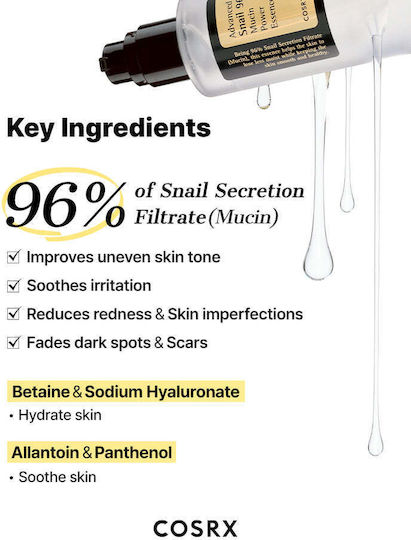 Cosrx Advanced Snail 96 Ενυδατικό & Αντιγηραντικό Essence Προσώπου με Έκκριμα Σαλιγκαριού & Υαλουρονικό Οξύ για Λάμψη & Πανάδες 100ml